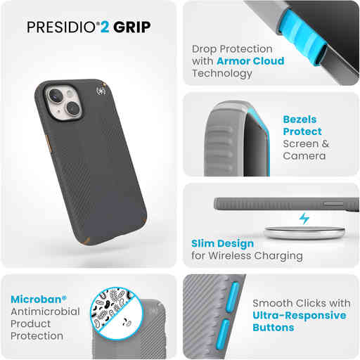 Speck Presidio2 Grip Apple iPhone 15/14/13 Charcoal Grey -  with Microban