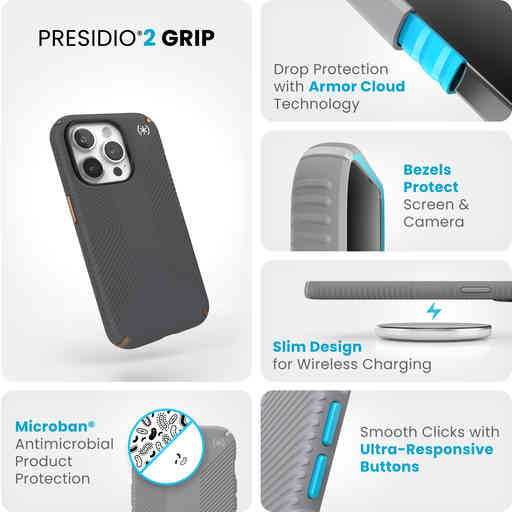 Speck Presidio2 Grip Apple iPhone 15 Pro Charcoal Grey -  with Microban