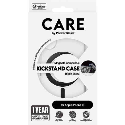 CARE by PanzerGlass Feature Case Transparent w. Black Kickstand & MagSafe iPhone 16
