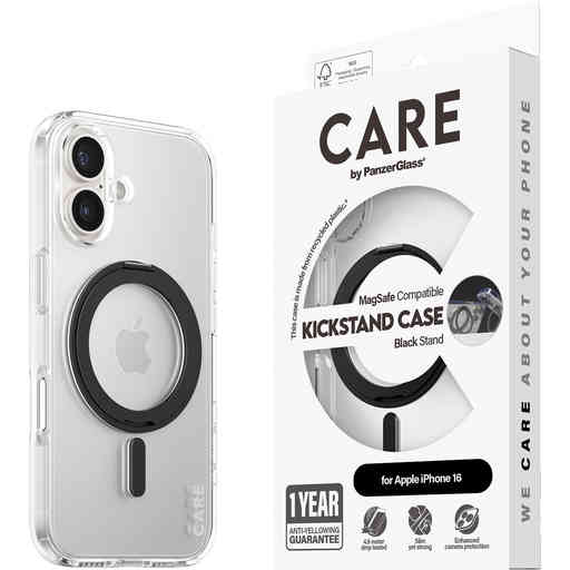 CARE by PanzerGlass Feature Case Transparent w. Black Kickstand & MagSafe iPhone 16