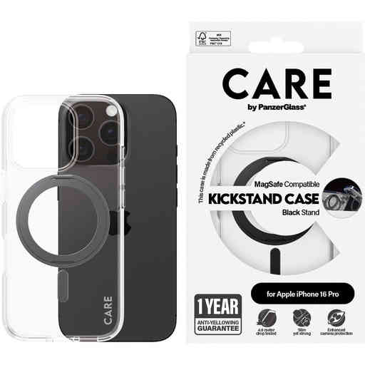CARE by PanzerGlass Feature Case Transparent w. Black Kickstand & MagSafe iPhone 16 Pro