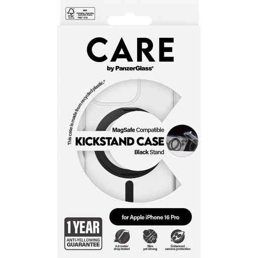 CARE by PanzerGlass Feature Case Transparent w. Black Kickstand & MagSafe iPhone 16 Pro