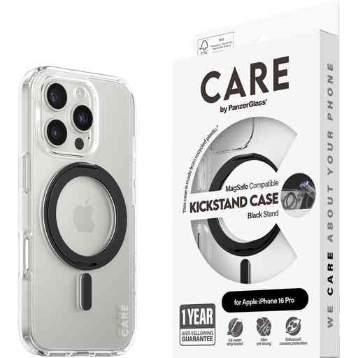 CARE by PanzerGlass Feature Case Transparent w. Black Kickstand & MagSafe iPhone 16 Pro
