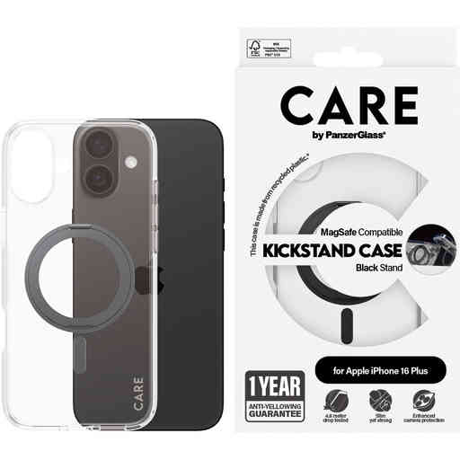 CARE by PanzerGlass Feature Case Transparent w. Black Kickstand & MagSafe iPhone 16 Plus