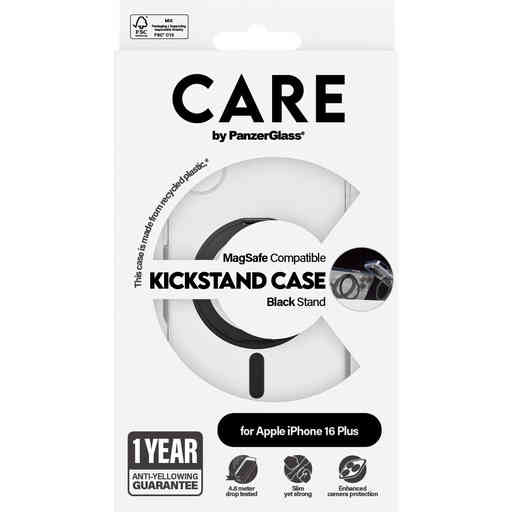 CARE by PanzerGlass Feature Case Transparent w. Black Kickstand & MagSafe iPhone 16 Plus