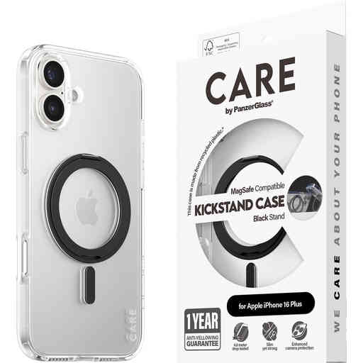 CARE by PanzerGlass Feature Case Transparent w. Black Kickstand & MagSafe iPhone 16 Plus