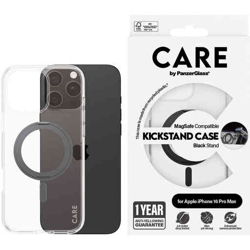 CARE by PanzerGlass Feature Case Transparent w. Black Kickstand & MagSafe iPhone 16 Pro Max