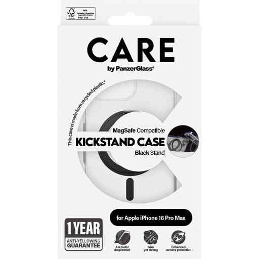 CARE by PanzerGlass Feature Case Transparent w. Black Kickstand & MagSafe iPhone 16 Pro Max