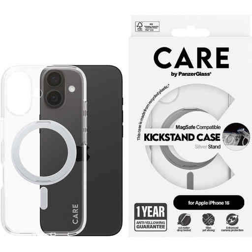 CARE by PanzerGlass Feature Case Transparent w. Silver Kickstand & MagSafe iPhone 16