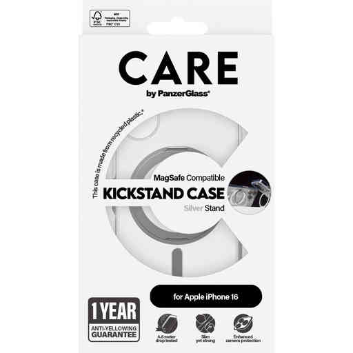 CARE by PanzerGlass Feature Case Transparent w. Silver Kickstand & MagSafe iPhone 16