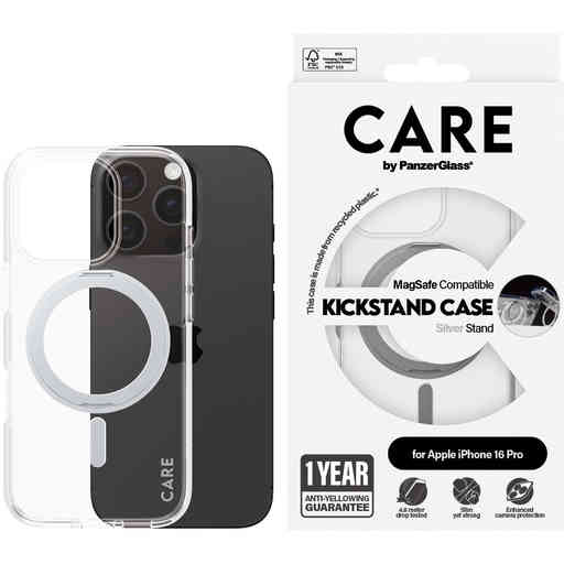 CARE by PanzerGlass Feature Case Transparent w. Silver Kickstand & MagSafe iPhone 16 Pro