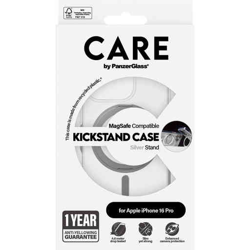 CARE by PanzerGlass Feature Case Transparent w. Silver Kickstand & MagSafe iPhone 16 Pro