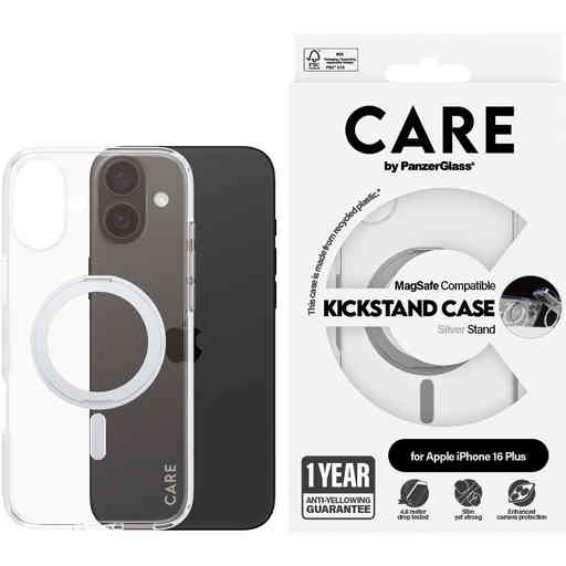 CARE by PanzerGlass Feature Case Transparent w. Silver Kickstand & MagSafe iPhone 16 Plus