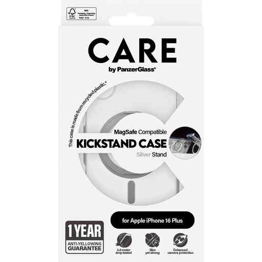 CARE by PanzerGlass Feature Case Transparent w. Silver Kickstand & MagSafe iPhone 16 Plus