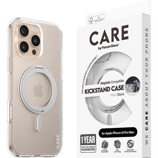 CARE by PanzerGlass Feature Case Transparent w. Silver Kickstand & MagSafe iPhone 16 Pro Max