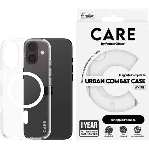 CARE by PanzerGlass Flagship Case Transparent Urban Combat w. White MagSafe iPhone 16