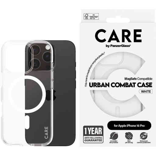CARE by PanzerGlass Flagship Case Transparent Urban Combat w. White MagSafe iPhone 16 Pro