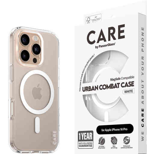 CARE by PanzerGlass Flagship Case Transparent Urban Combat w. White MagSafe iPhone 16 Pro