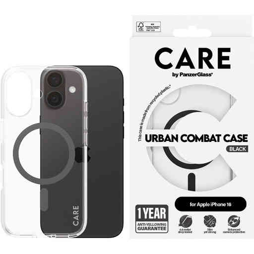CARE by PanzerGlass Flagship Case Transparent Urban Combat w. Black MagSafe iPhone 16