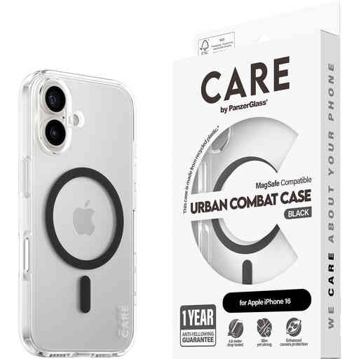 CARE by PanzerGlass Flagship Case Transparent Urban Combat w. Black MagSafe iPhone 16