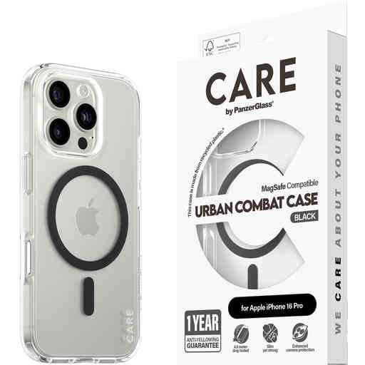 CARE by PanzerGlass Flagship Case Transparent Urban Combat w. Black MagSafe iPhone 16 Pro