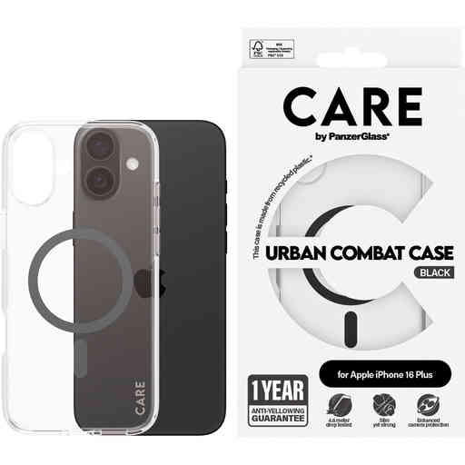 CARE by PanzerGlass Flagship Case Transparent Urban Combat w. Black MagSafe iPhone 16 Plus