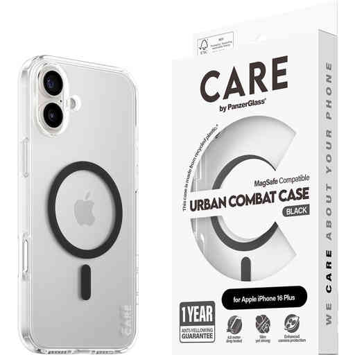 CARE by PanzerGlass Flagship Case Transparent Urban Combat w. Black MagSafe iPhone 16 Plus