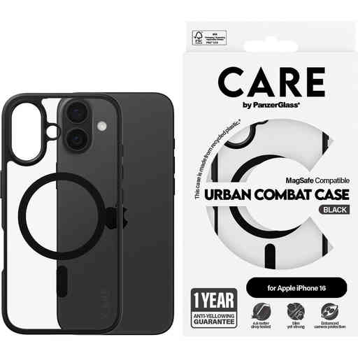 CARE by PanzerGlass Flagship Case Transparent Urban Combat w. Black Frame & MagSafe iPhone 16