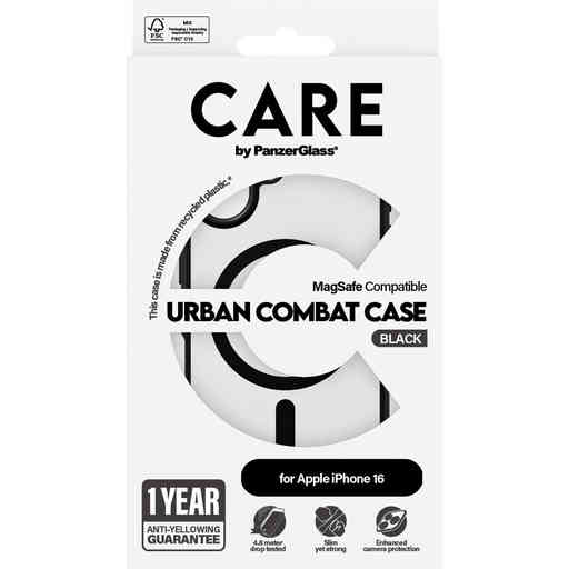 CARE by PanzerGlass Flagship Case Transparent Urban Combat w. Black Frame & MagSafe iPhone 16