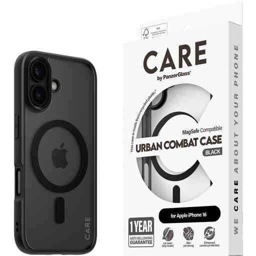 CARE by PanzerGlass Flagship Case Transparent Urban Combat w. Black Frame & MagSafe iPhone 16