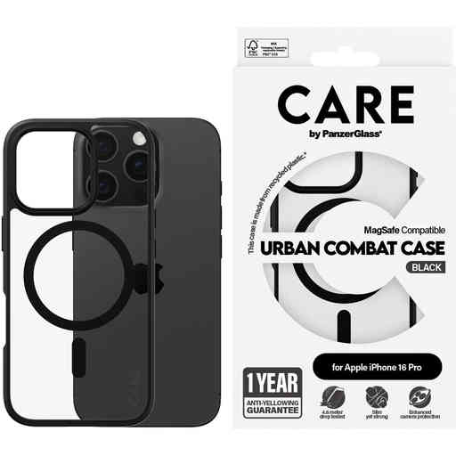 CARE by PanzerGlass Flagship Case Transparent Urban Combat w. Black Frame & MagSafe iPhone 16 Pro