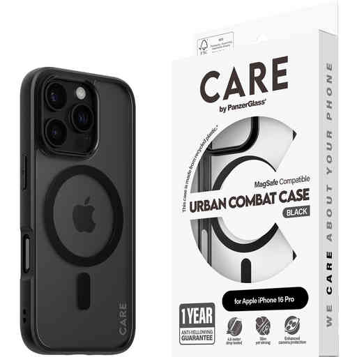 CARE by PanzerGlass Flagship Case Transparent Urban Combat w. Black Frame & MagSafe iPhone 16 Pro