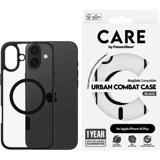 CARE by PanzerGlass Flagship Case Transparent Urban Combat w. Black Frame & MagSafe iPhone 16 Plus
