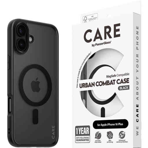 CARE by PanzerGlass Flagship Case Transparent Urban Combat w. Black Frame & MagSafe iPhone 16 Plus