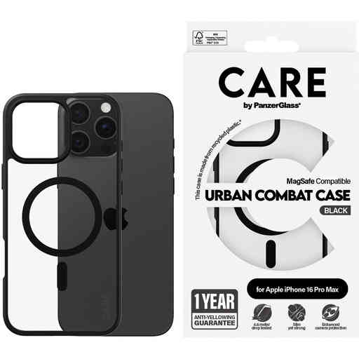 CARE by PanzerGlass Flagship Case Transparent Urban Combat w. Black Frame & MagSafe iPhone 16 Pro Max