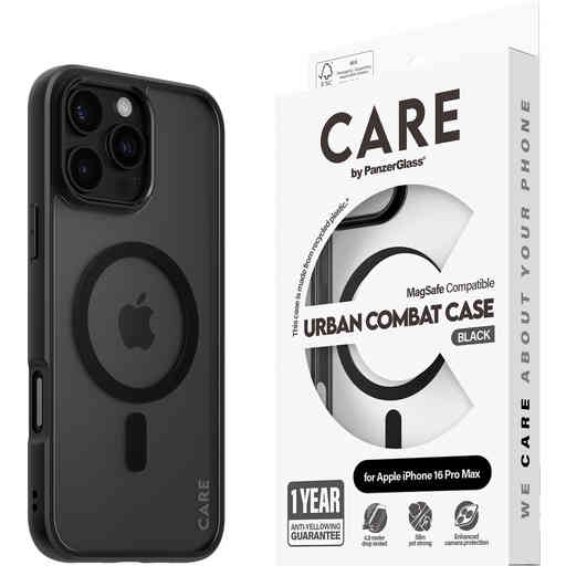 CARE by PanzerGlass Flagship Case Transparent Urban Combat w. Black Frame & MagSafe iPhone 16 Pro Max