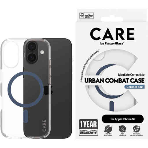 CARE by PanzerGlass Flagship Case Transparent Urban Combat w. Blue MagSafe iPhone 16