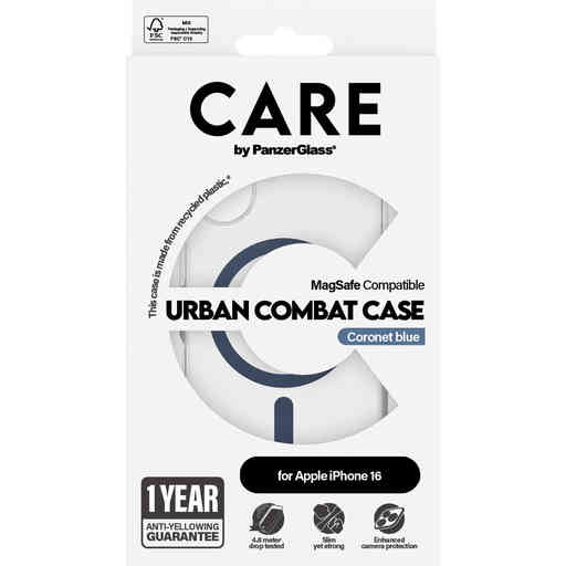 CARE by PanzerGlass Flagship Case Transparent Urban Combat w. Blue MagSafe iPhone 16