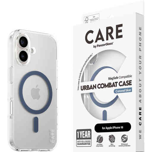 CARE by PanzerGlass Flagship Case Transparent Urban Combat w. Blue MagSafe iPhone 16