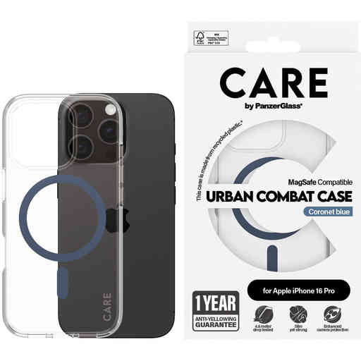 CARE by PanzerGlass Flagship Case Transparent Urban Combat w. Blue MagSafe iPhone 16 Pro