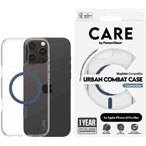 CARE by PanzerGlass Flagship Case Transparent Urban Combat w. Blue MagSafe iPhone 16 Pro Max