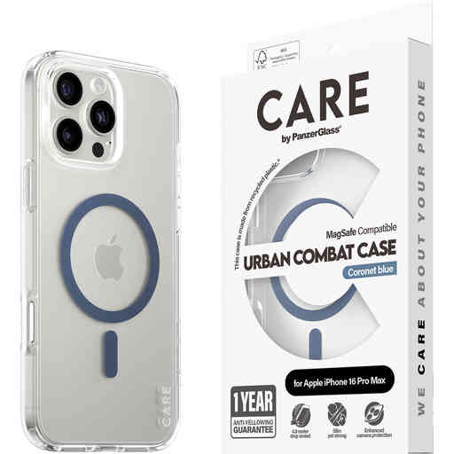 CARE by PanzerGlass Flagship Case Transparent Urban Combat w. Blue MagSafe iPhone 16 Pro Max