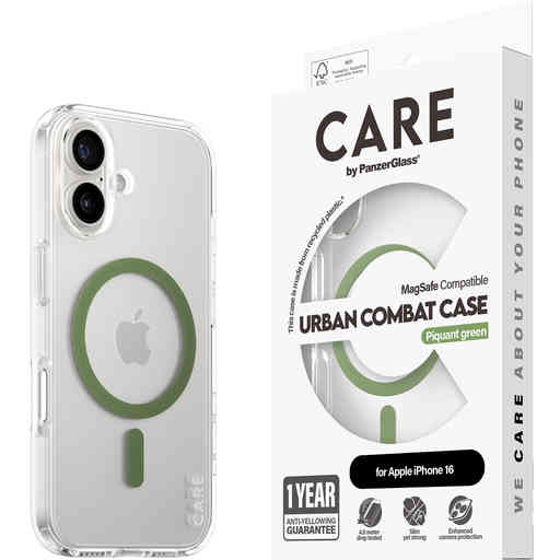 CARE by PanzerGlass Flagship Case Transparent Urban Combat w. Green MagSafe iPhone 16