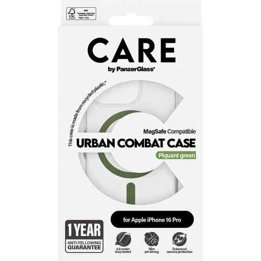 CARE by PanzerGlass Flagship Case Transparent Urban Combat w. Green MagSafe iPhone 16 Pro