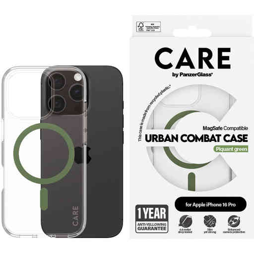 CARE by PanzerGlass Flagship Case Transparent Urban Combat w. Green MagSafe iPhone 16 Pro