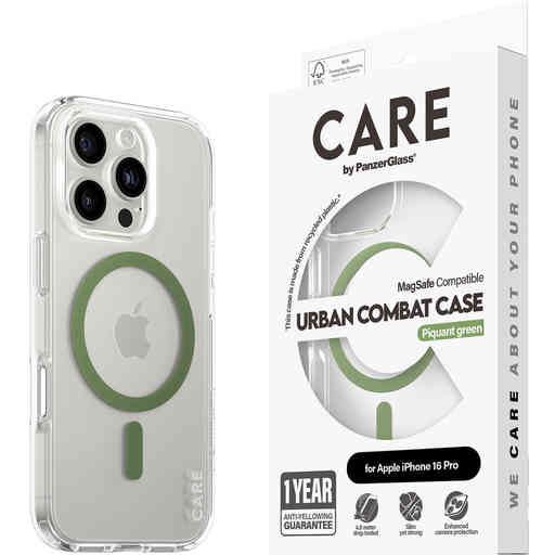 CARE by PanzerGlass Flagship Case Transparent Urban Combat w. Green MagSafe iPhone 16 Pro