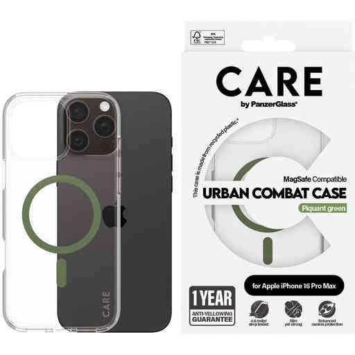 CARE by PanzerGlass Flagship Case Transparent Urban Combat w. Green MagSafe iPhone 16 Pro Max
