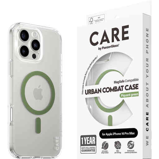 CARE by PanzerGlass Flagship Case Transparent Urban Combat w. Green MagSafe iPhone 16 Pro Max