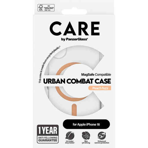 CARE by PanzerGlass Flagship Case Transparent Urban Combat w. Peachy MagSafe iPhone 16