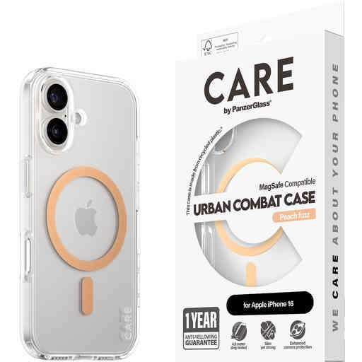 CARE by PanzerGlass Flagship Case Transparent Urban Combat w. Peachy MagSafe iPhone 16